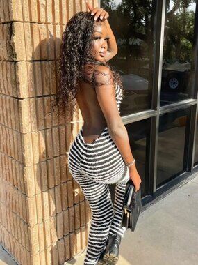 Black & White Fringe Backless Jumpsuit | Textured Wide Leg Bodycon One Piece